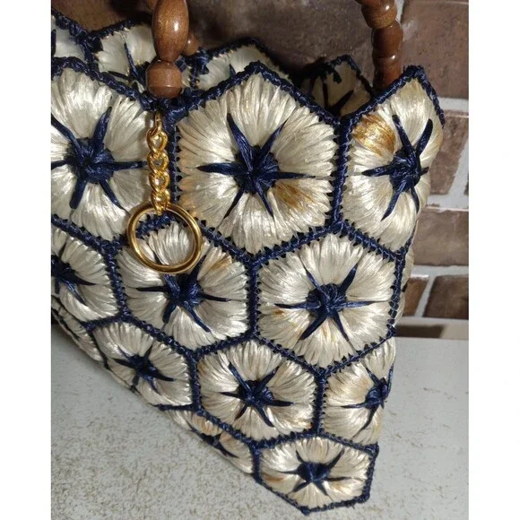 Vintage Straw Woven Blue Star Handbag - Picture 6 of 12